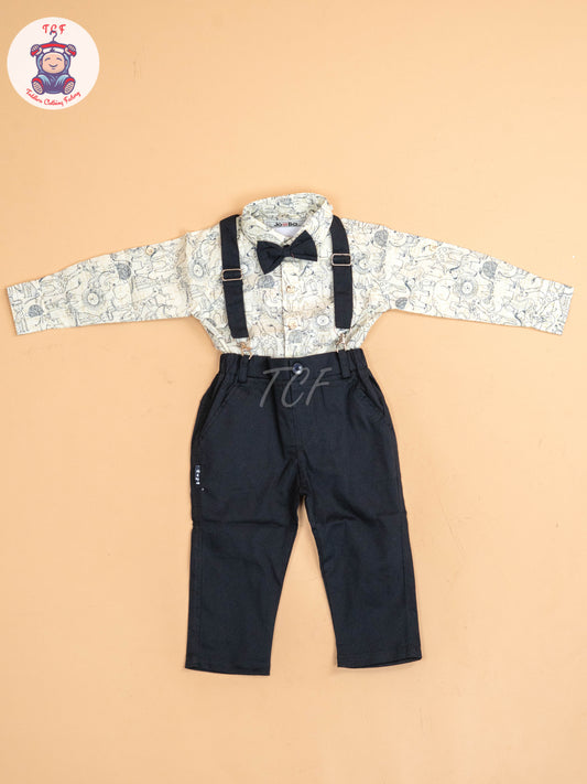 Navy Blue - Half Sleeves Shirts & Shorts Set With Suspender & Bow
