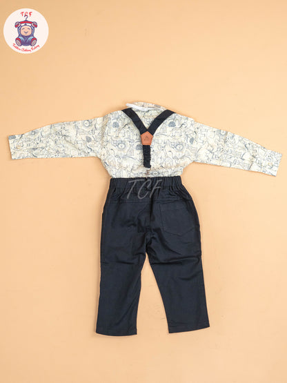 Navy Blue - Half Sleeves Shirts & Shorts Set With Suspender & Bow