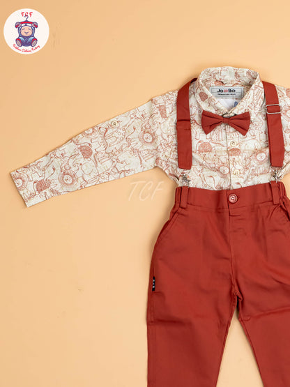 Rust - Half Sleeves Shirts & Shorts Set With Suspender & Bow