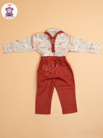 Rust - Half Sleeves Shirts & Shorts Set With Suspender & Bow