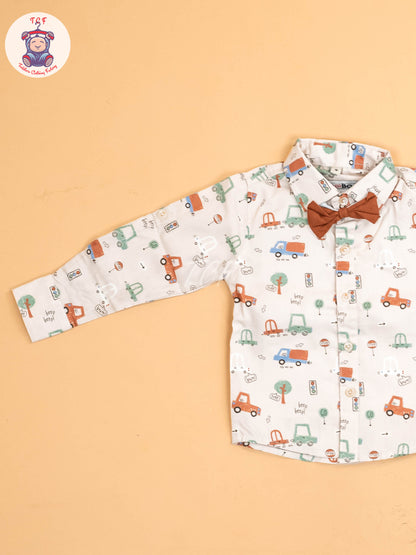 Beige -  Half Sleeves Shirts & Shorts Set With Suspender & Bow