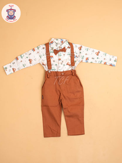 Beige -  Half Sleeves Shirts & Shorts Set With Suspender & Bow