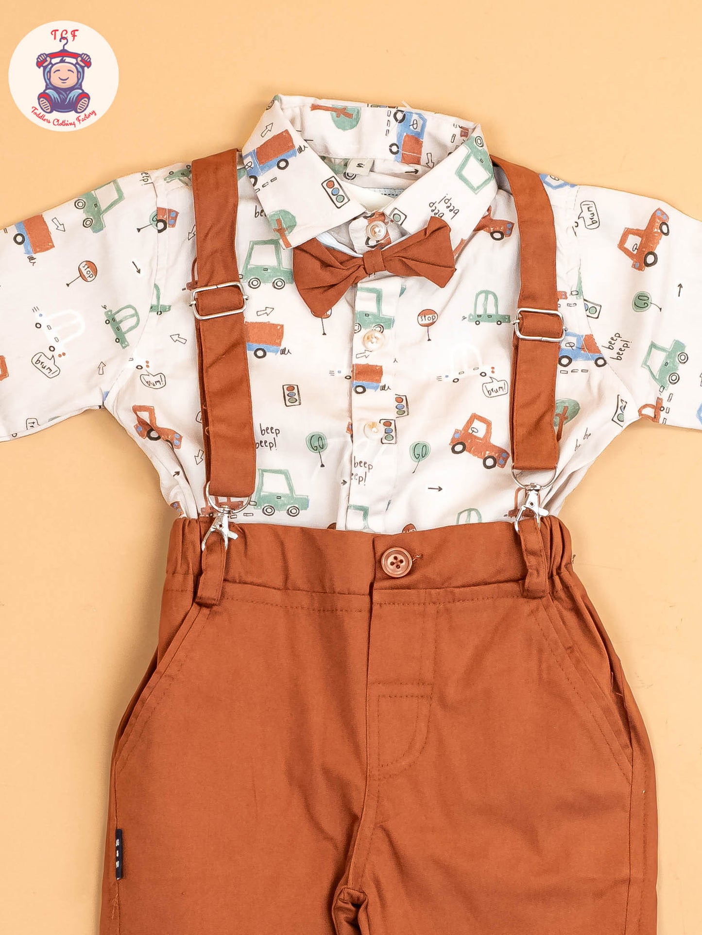 Beige -  Half Sleeves Shirts & Shorts Set With Suspender & Bow