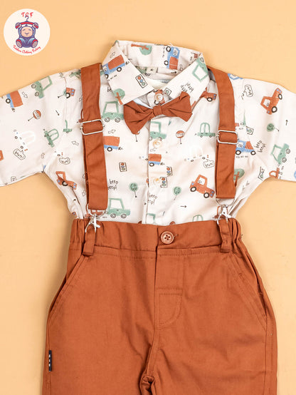 Beige -  Half Sleeves Shirts & Shorts Set With Suspender & Bow