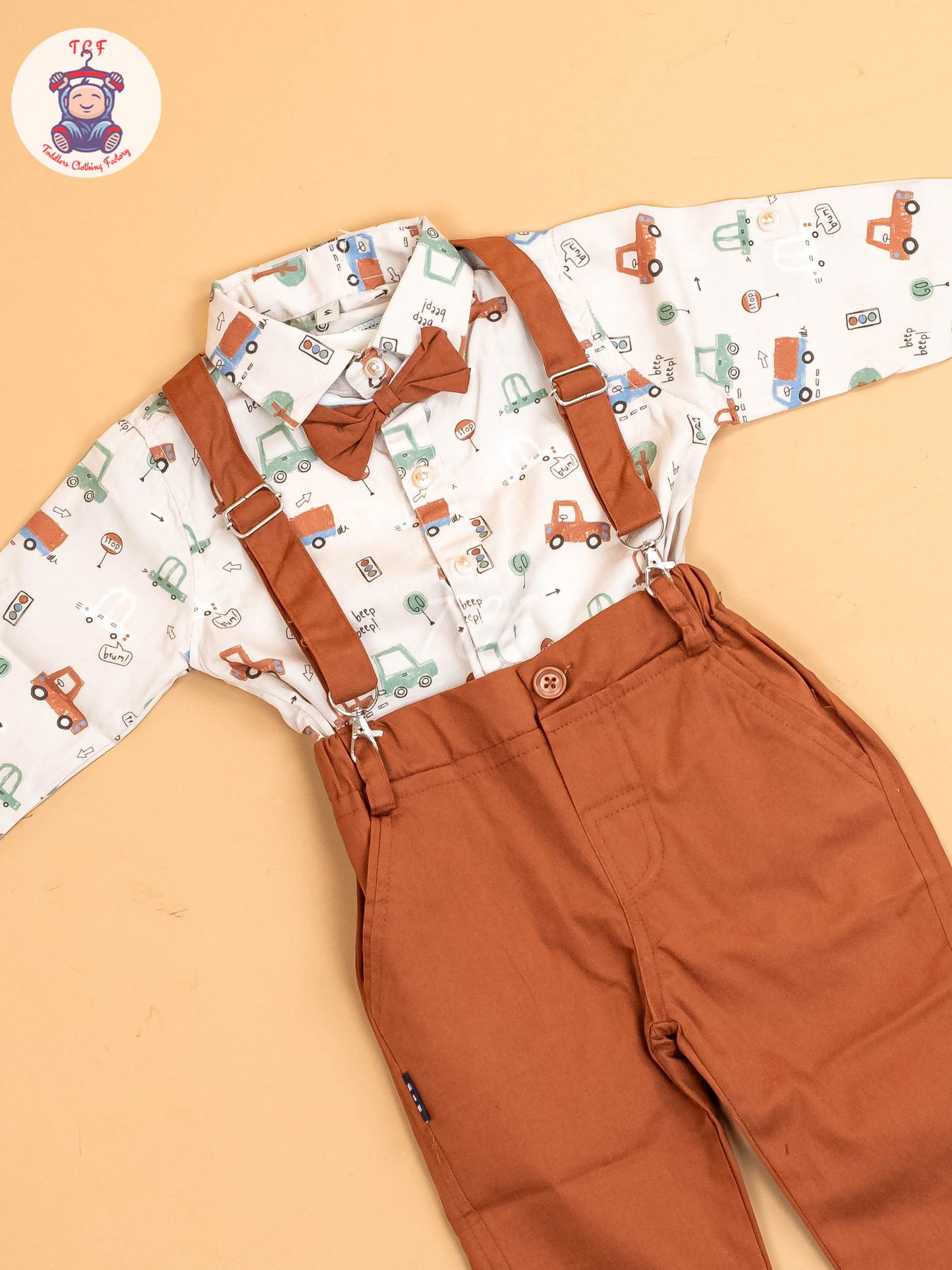 Beige -  Half Sleeves Shirts & Shorts Set With Suspender & Bow