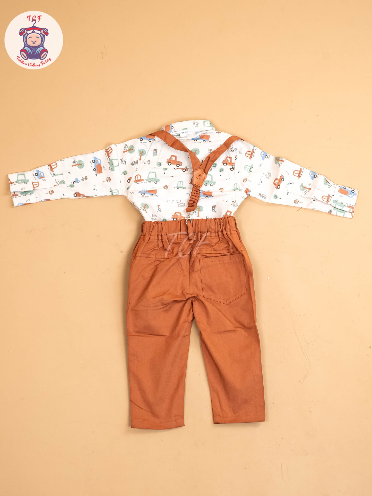 Beige -  Half Sleeves Shirts & Shorts Set With Suspender & Bow