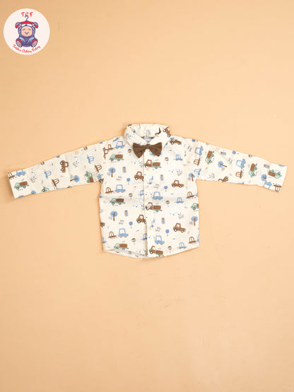 Brown - Half Sleeves Shirts & Shorts Set With Suspender & Bow