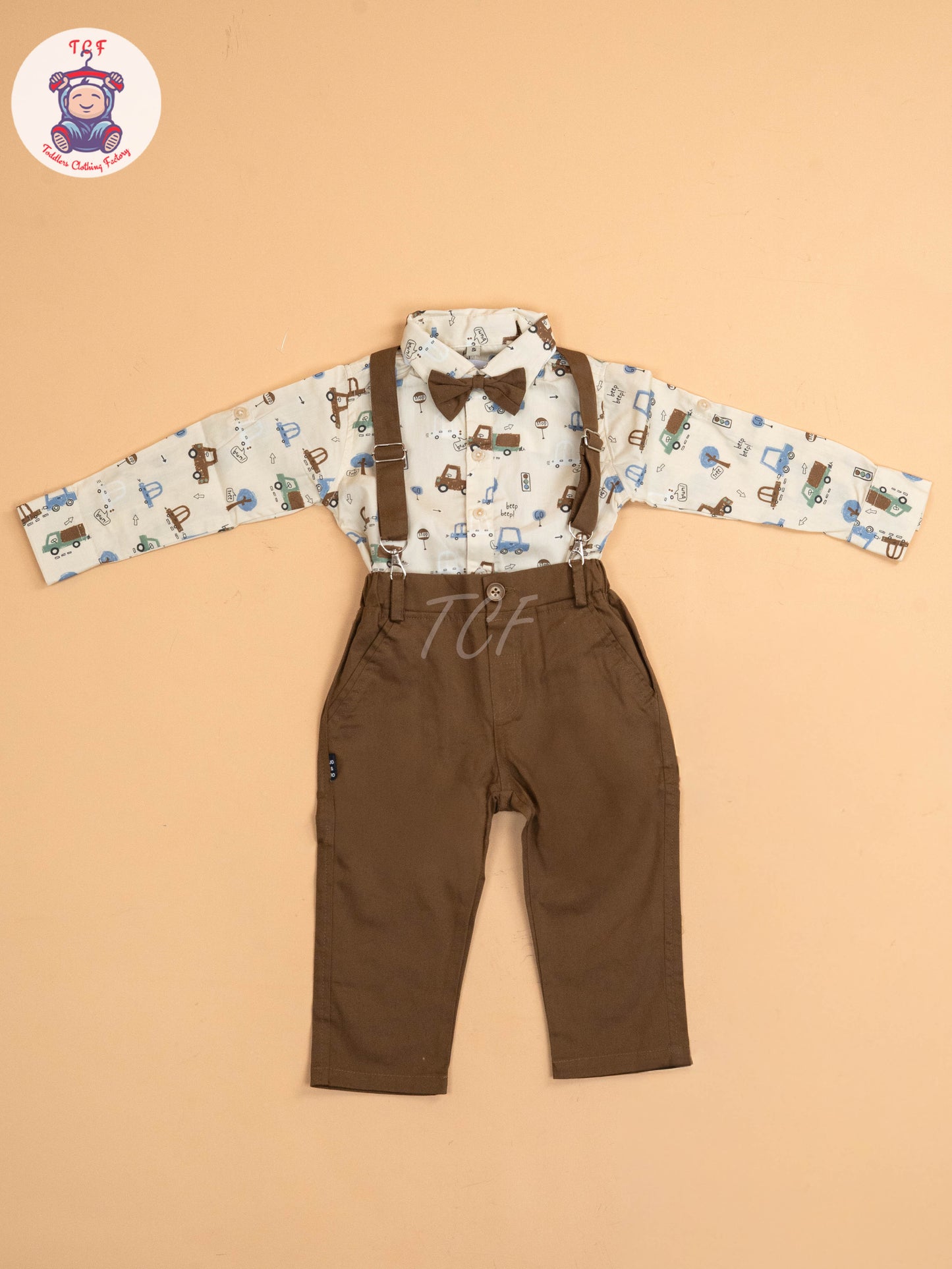 Brown - Half Sleeves Shirts & Shorts Set With Suspender & Bow