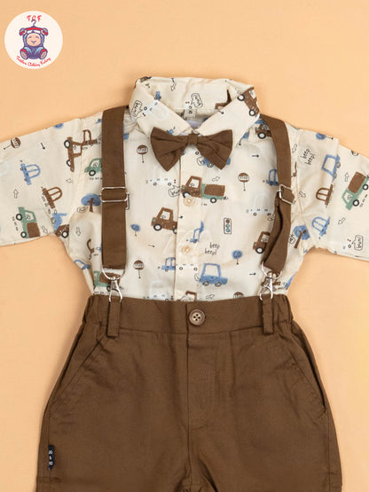Brown - Half Sleeves Shirts & Shorts Set With Suspender & Bow