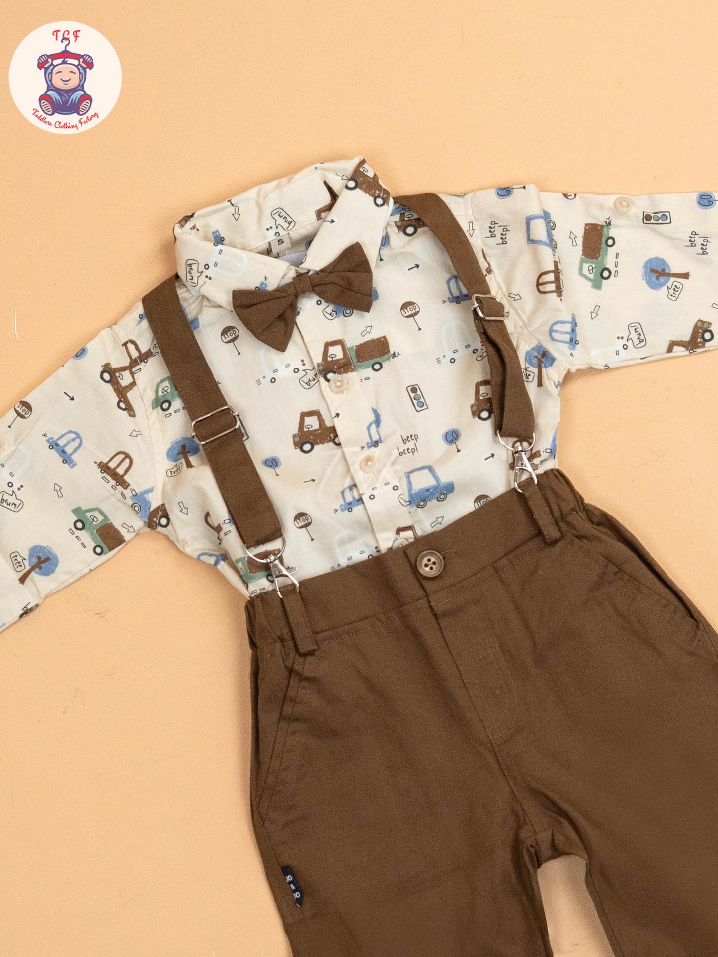 Brown - Half Sleeves Shirts & Shorts Set With Suspender & Bow