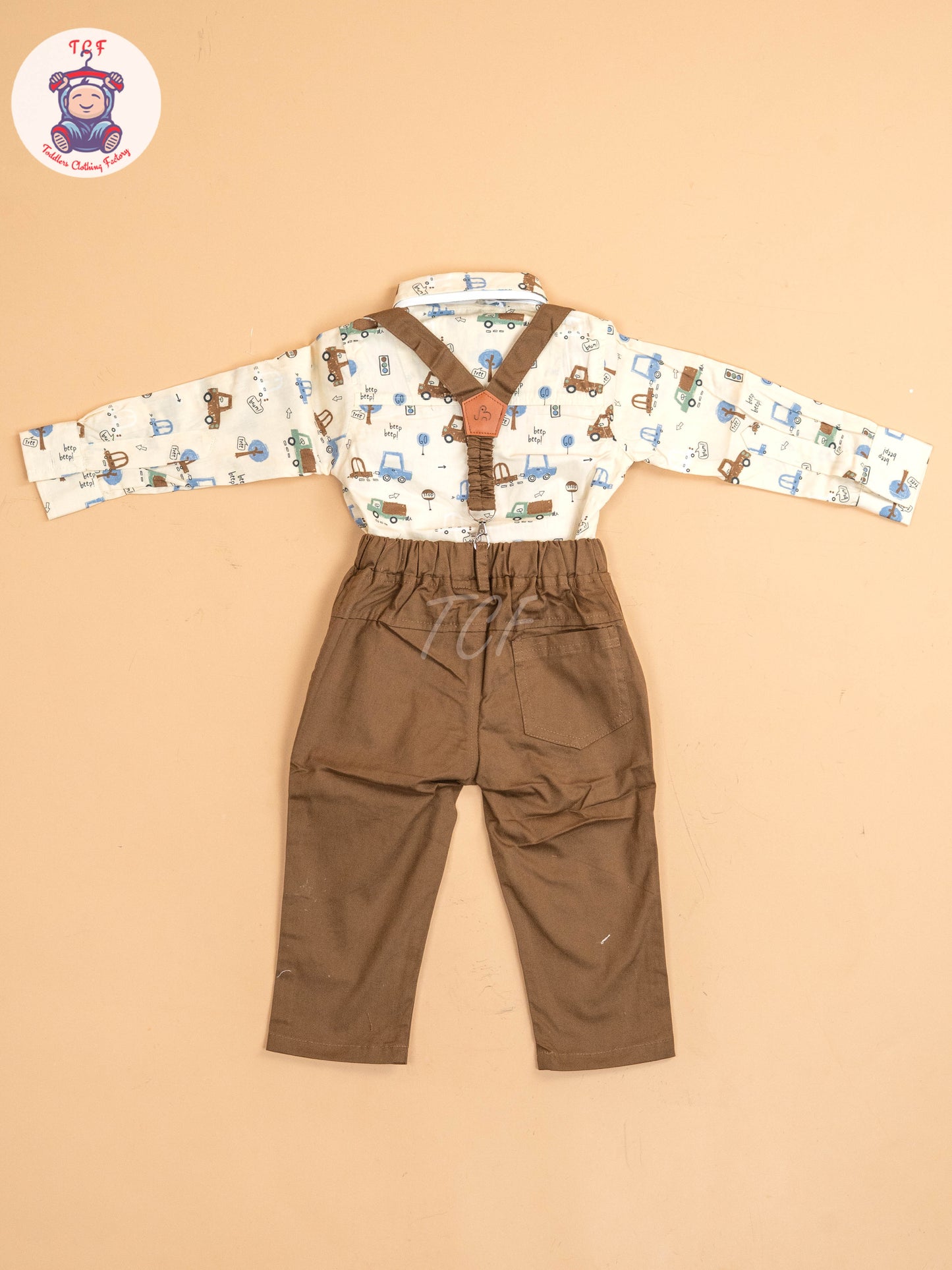 Brown - Half Sleeves Shirts & Shorts Set With Suspender & Bow