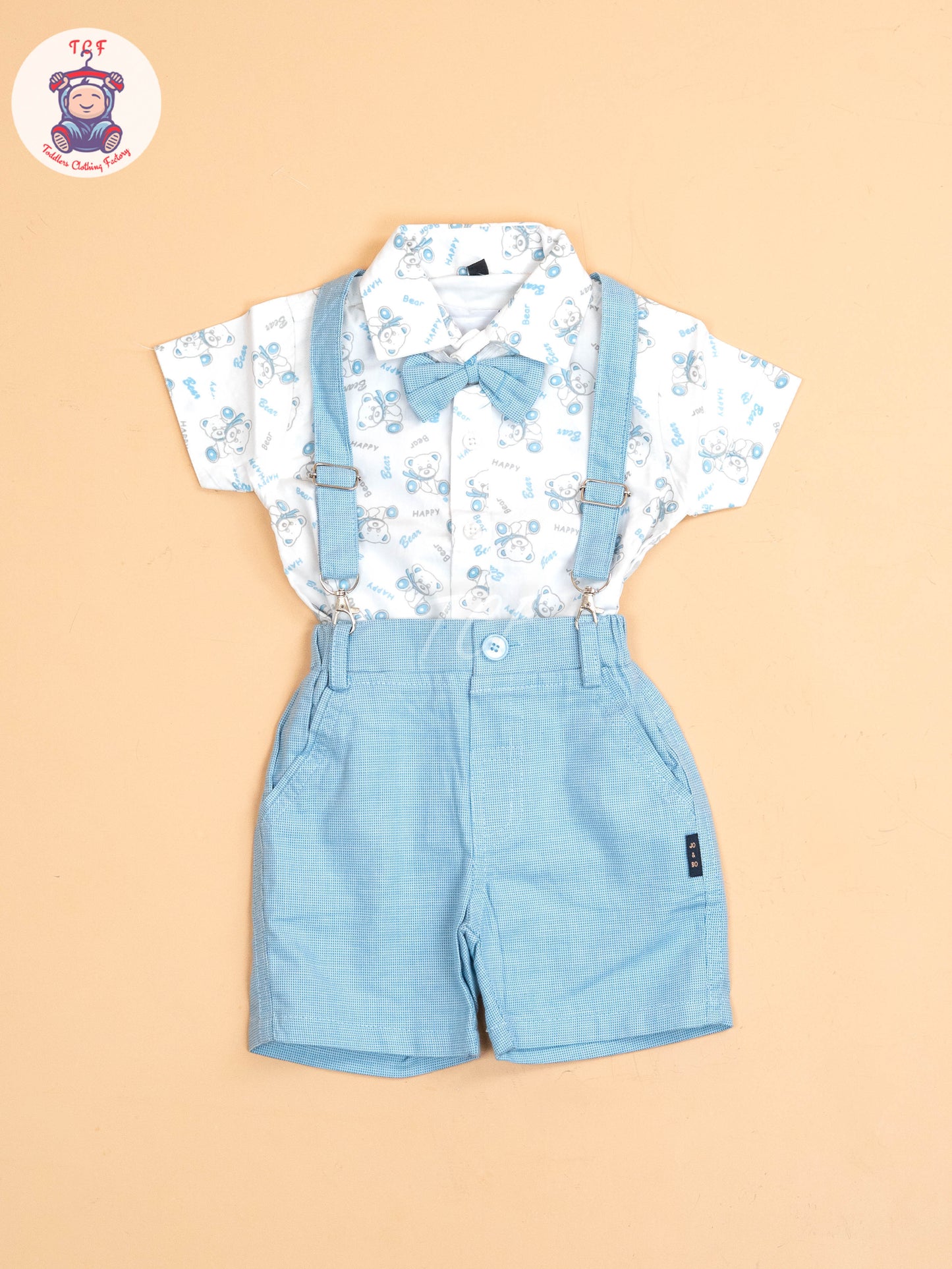 Blue - Half Sleeves Shirts & Shorts Set With Suspender & Bow