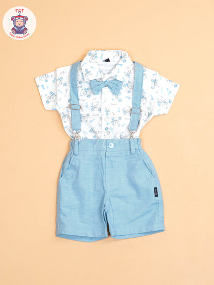 Blue - Half Sleeves Shirts & Shorts Set With Suspender & Bow