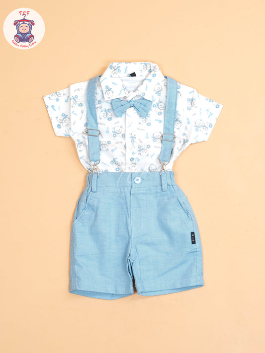 Blue - Half Sleeves Shirts & Shorts Set With Suspender & Bow