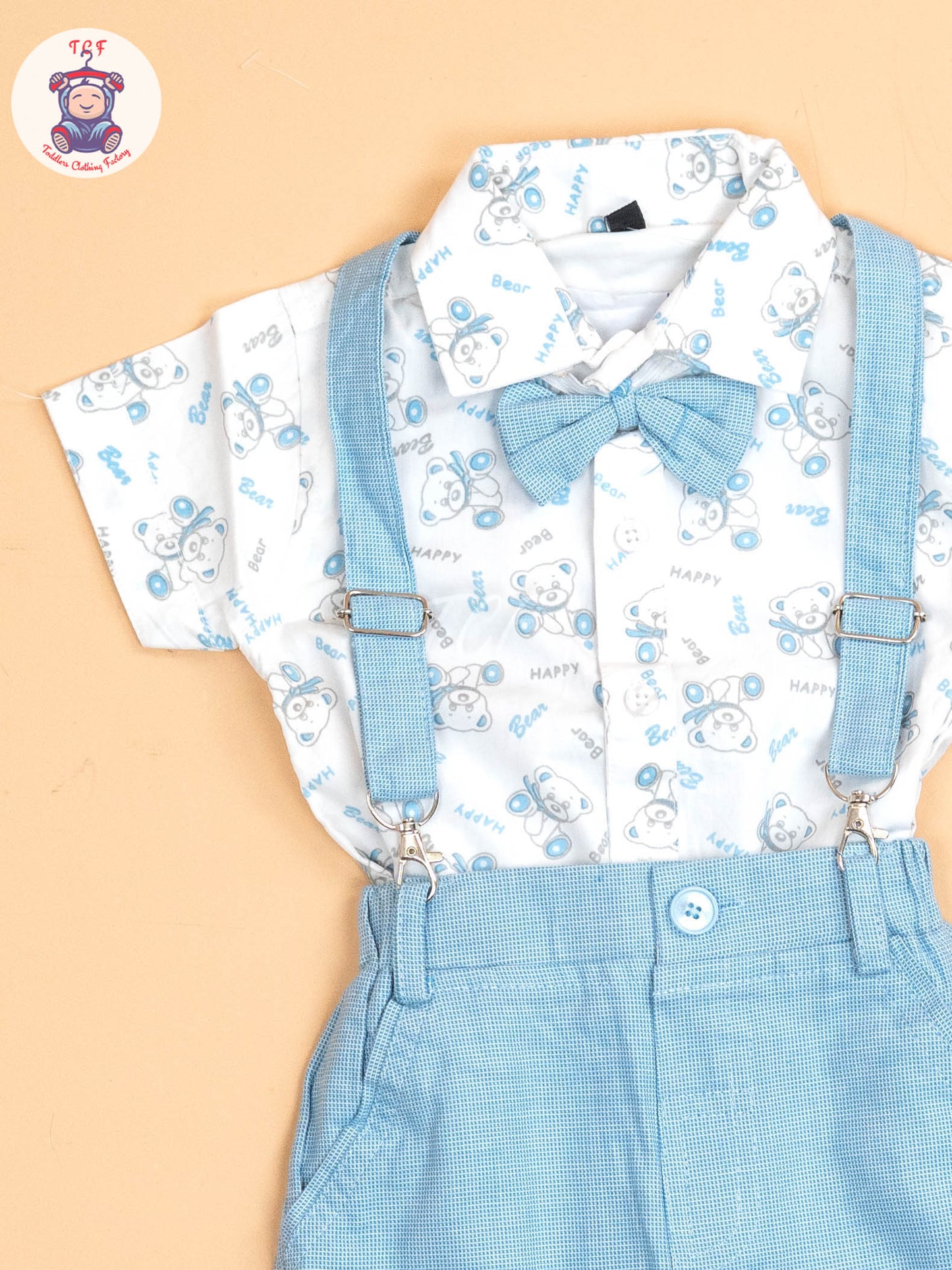 Blue - Half Sleeves Shirts & Shorts Set With Suspender & Bow