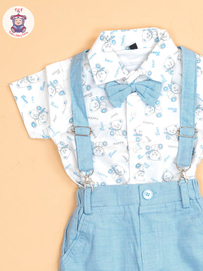 Blue - Half Sleeves Shirts & Shorts Set With Suspender & Bow
