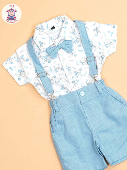Blue - Half Sleeves Shirts & Shorts Set With Suspender & Bow
