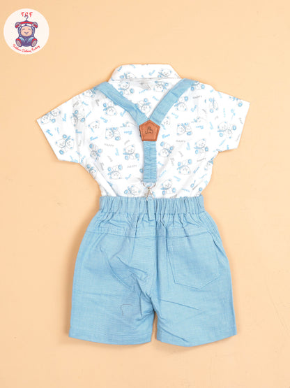 Blue - Half Sleeves Shirts & Shorts Set With Suspender & Bow
