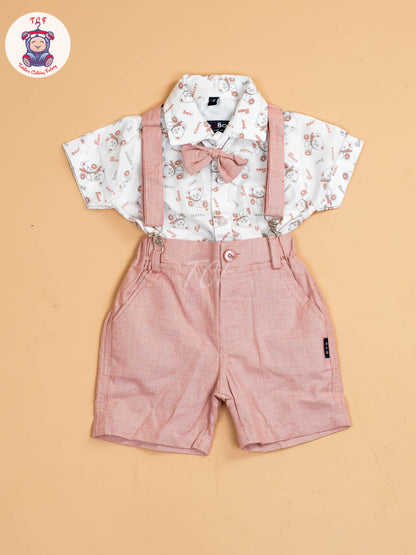 Pink - Half Sleeves Shirts & Shorts Set With Suspender & Bow