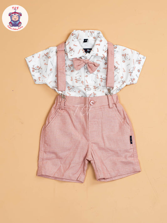 Pink - Half Sleeves Shirts & Shorts Set With Suspender & Bow