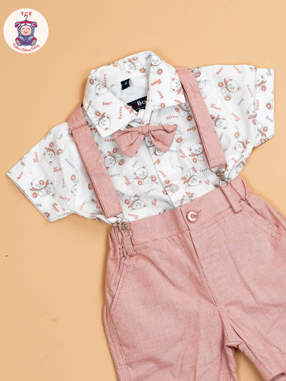 Pink - Half Sleeves Shirts & Shorts Set With Suspender & Bow