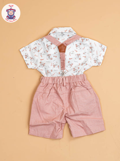 Pink - Half Sleeves Shirts & Shorts Set With Suspender & Bow
