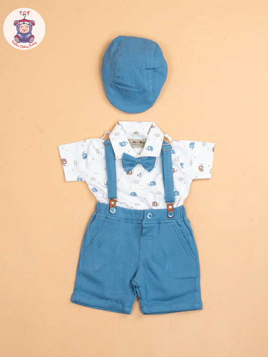 Blue -  Half Sleeves Shirts & Shorts Set With Suspender & Bow