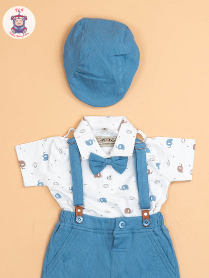 Blue -  Half Sleeves Shirts & Shorts Set With Suspender & Bow