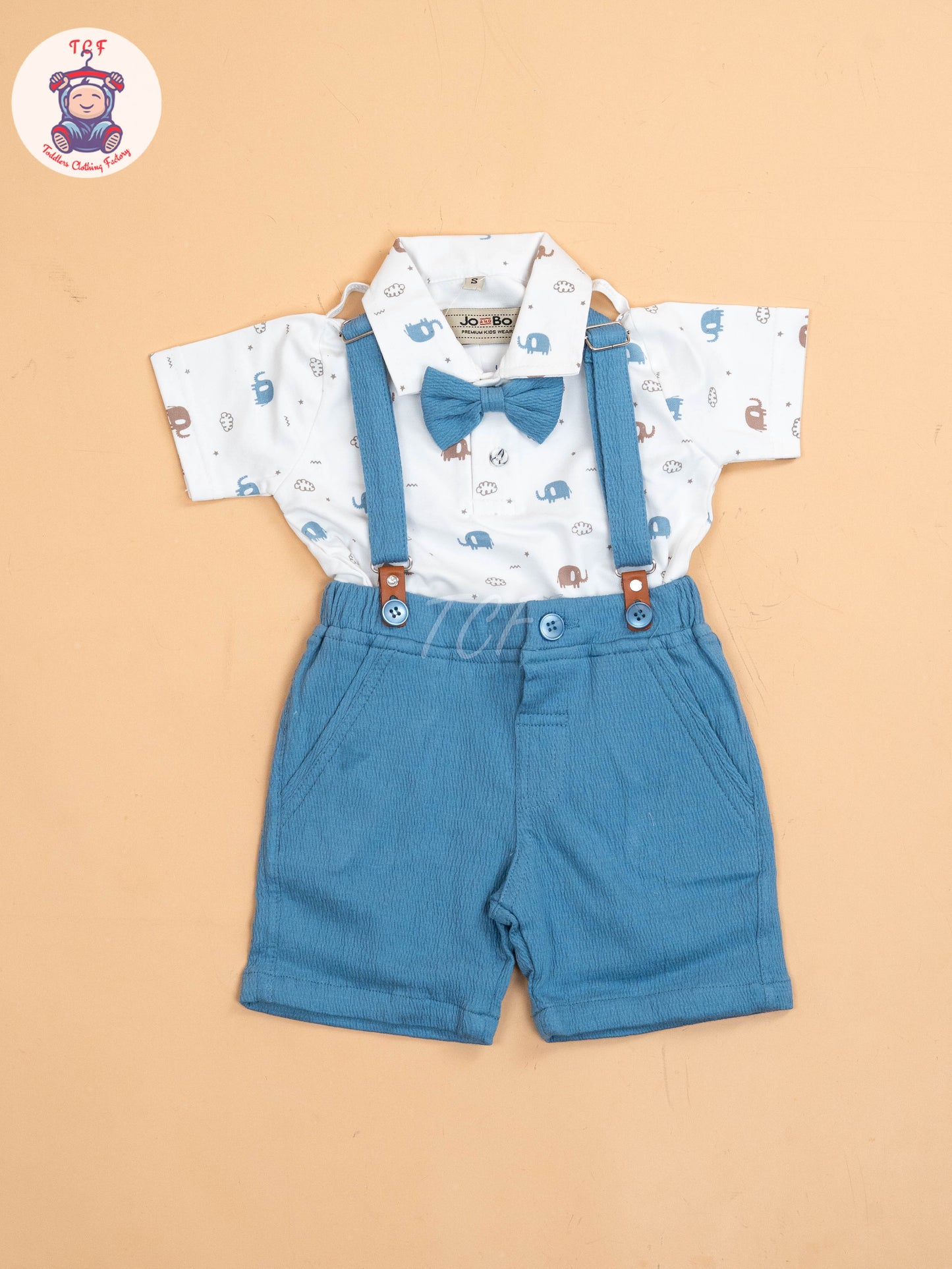 Blue -  Half Sleeves Shirts & Shorts Set With Suspender & Bow