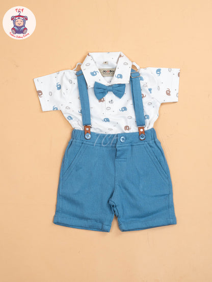 Blue -  Half Sleeves Shirts & Shorts Set With Suspender & Bow