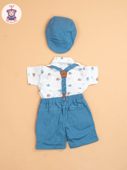 Blue -  Half Sleeves Shirts & Shorts Set With Suspender & Bow