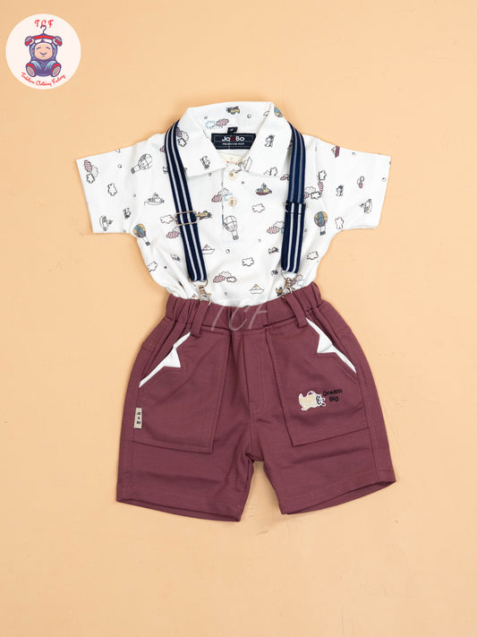 White & Rust - Half Sleeves Shirts & Shorts Set With Suspender & Bow