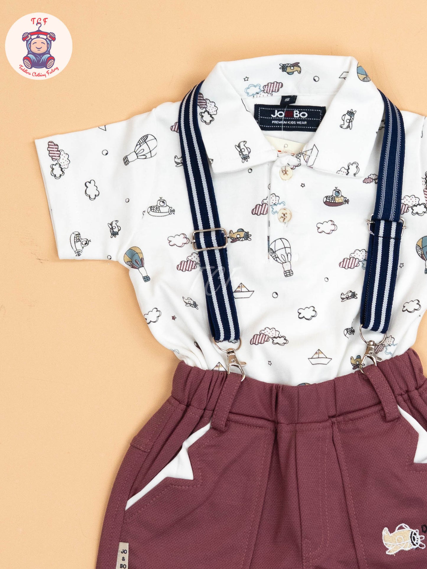 White & Rust - Half Sleeves Shirts & Shorts Set With Suspender & Bow