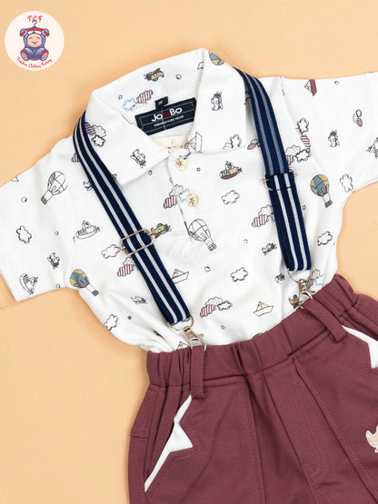 White & Rust - Half Sleeves Shirts & Shorts Set With Suspender & Bow