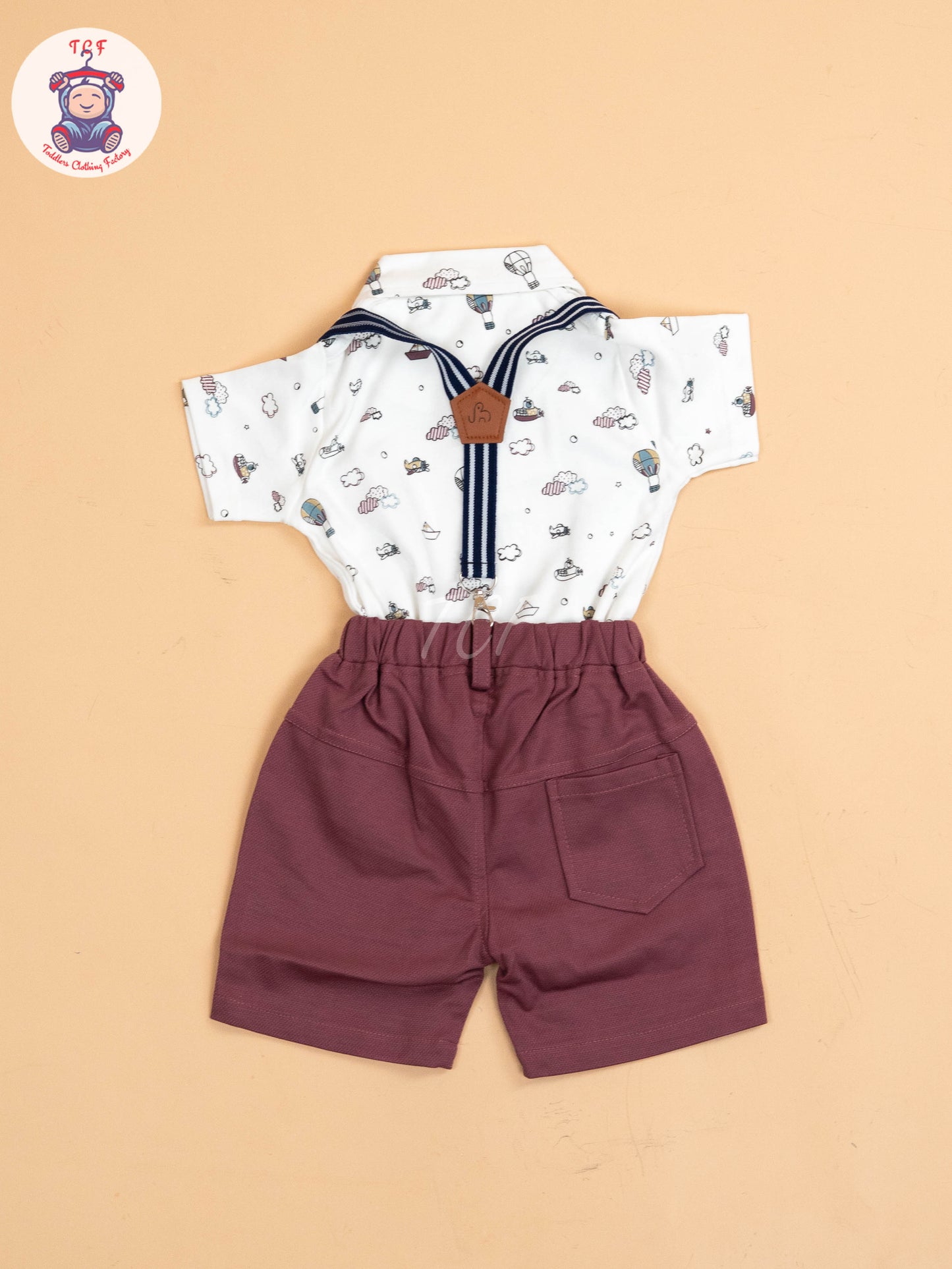 White & Rust - Half Sleeves Shirts & Shorts Set With Suspender & Bow