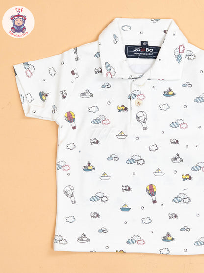 White & Blue - Half Sleeves Shirts & Shorts Set With Suspender & Bow