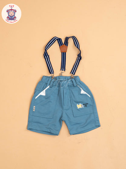 White & Blue - Half Sleeves Shirts & Shorts Set With Suspender & Bow