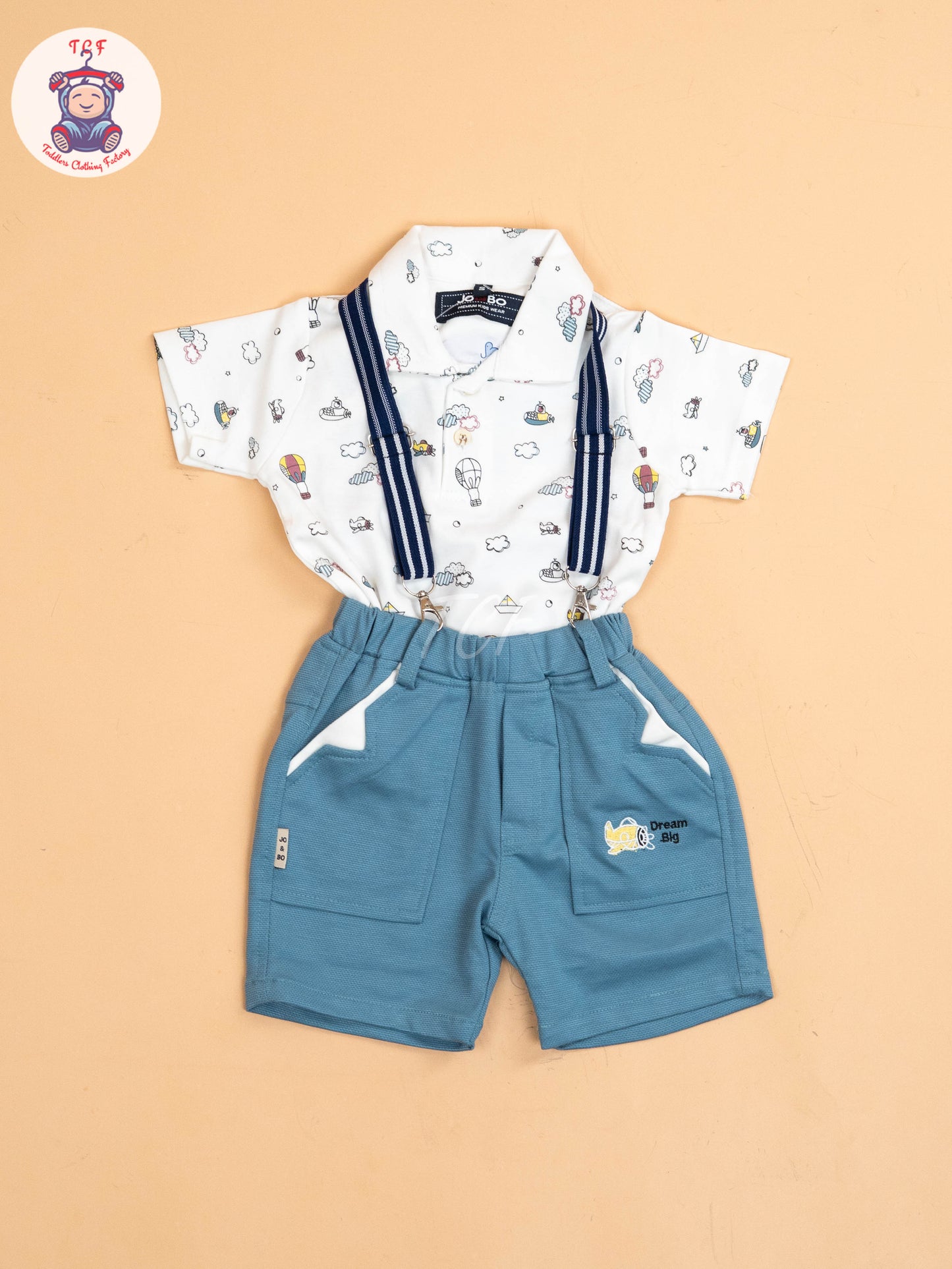 White & Blue - Half Sleeves Shirts & Shorts Set With Suspender & Bow