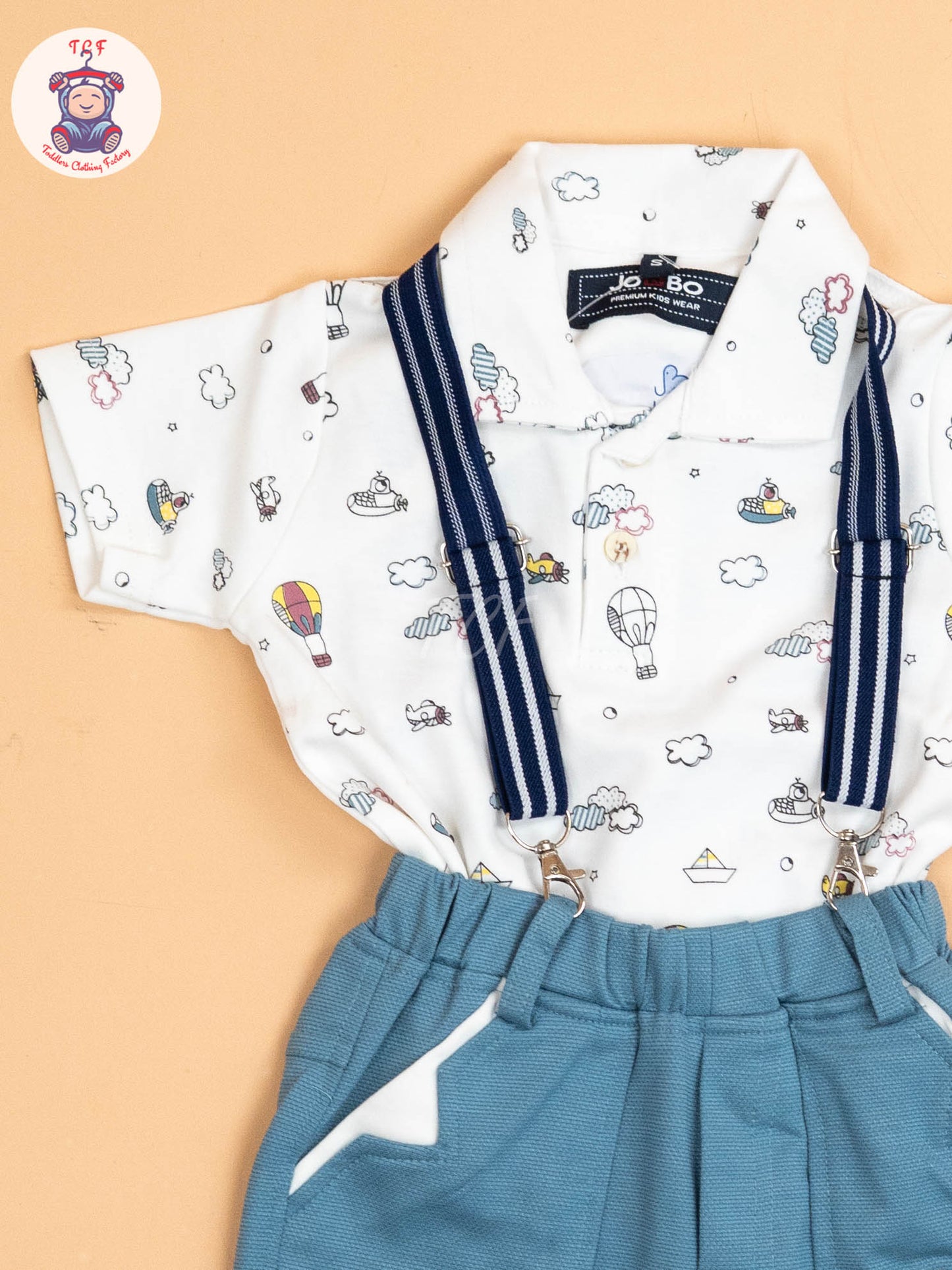 White & Blue - Half Sleeves Shirts & Shorts Set With Suspender & Bow