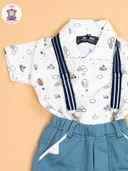 White & Blue - Half Sleeves Shirts & Shorts Set With Suspender & Bow