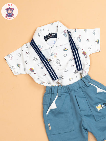 White & Blue - Half Sleeves Shirts & Shorts Set With Suspender & Bow