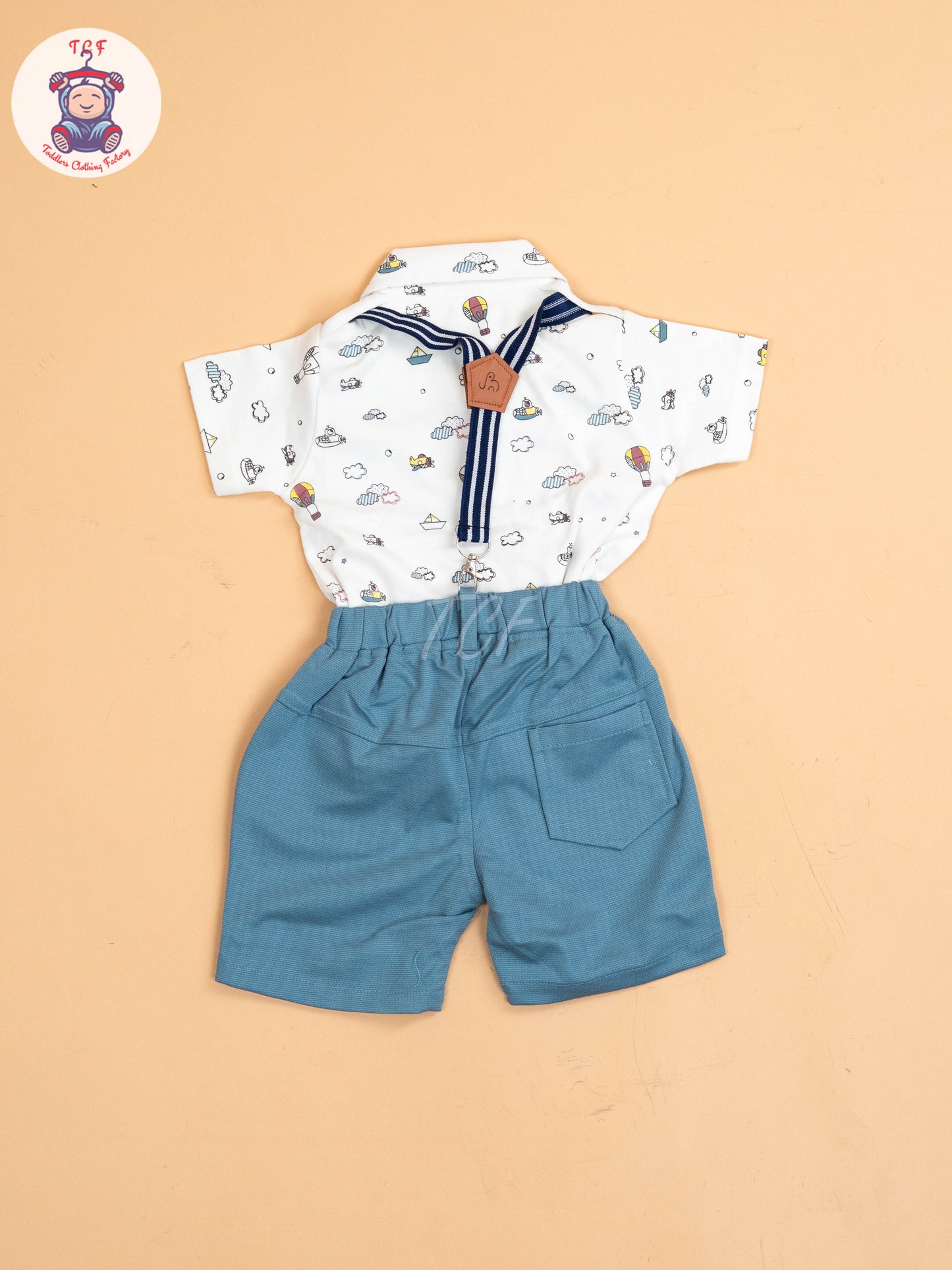 White & Blue - Half Sleeves Shirts & Shorts Set With Suspender & Bow