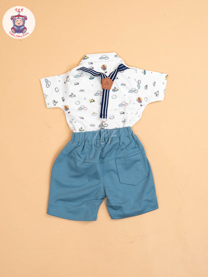 White & Blue - Half Sleeves Shirts & Shorts Set With Suspender & Bow