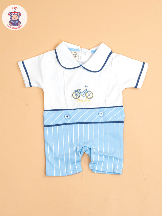 White & Sky Blue  - Cotton Half Rompers