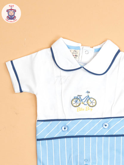 White & Sky Blue  - Cotton Half Rompers