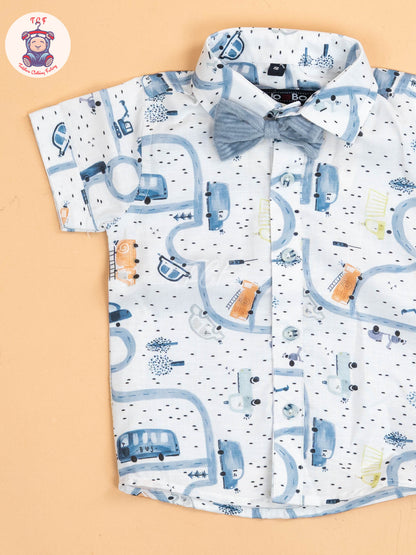 White & Grey - Half Sleeves Shirts & Shorts Set With Suspender & Bow