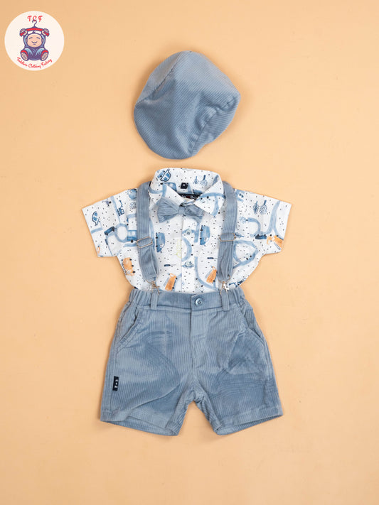 White & Grey - Half Sleeves Shirts & Shorts Set With Suspender & Bow