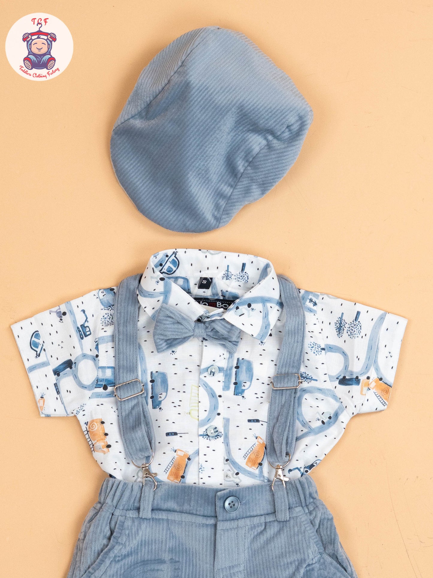 White & Grey - Half Sleeves Shirts & Shorts Set With Suspender & Bow