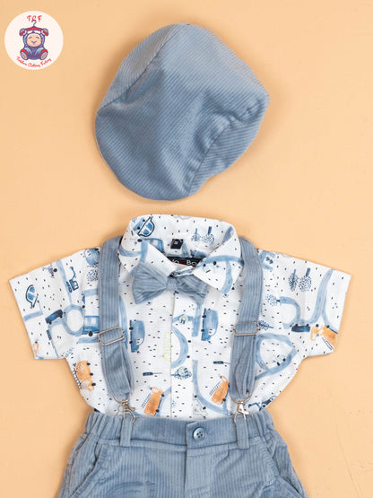 White & Grey - Half Sleeves Shirts & Shorts Set With Suspender & Bow