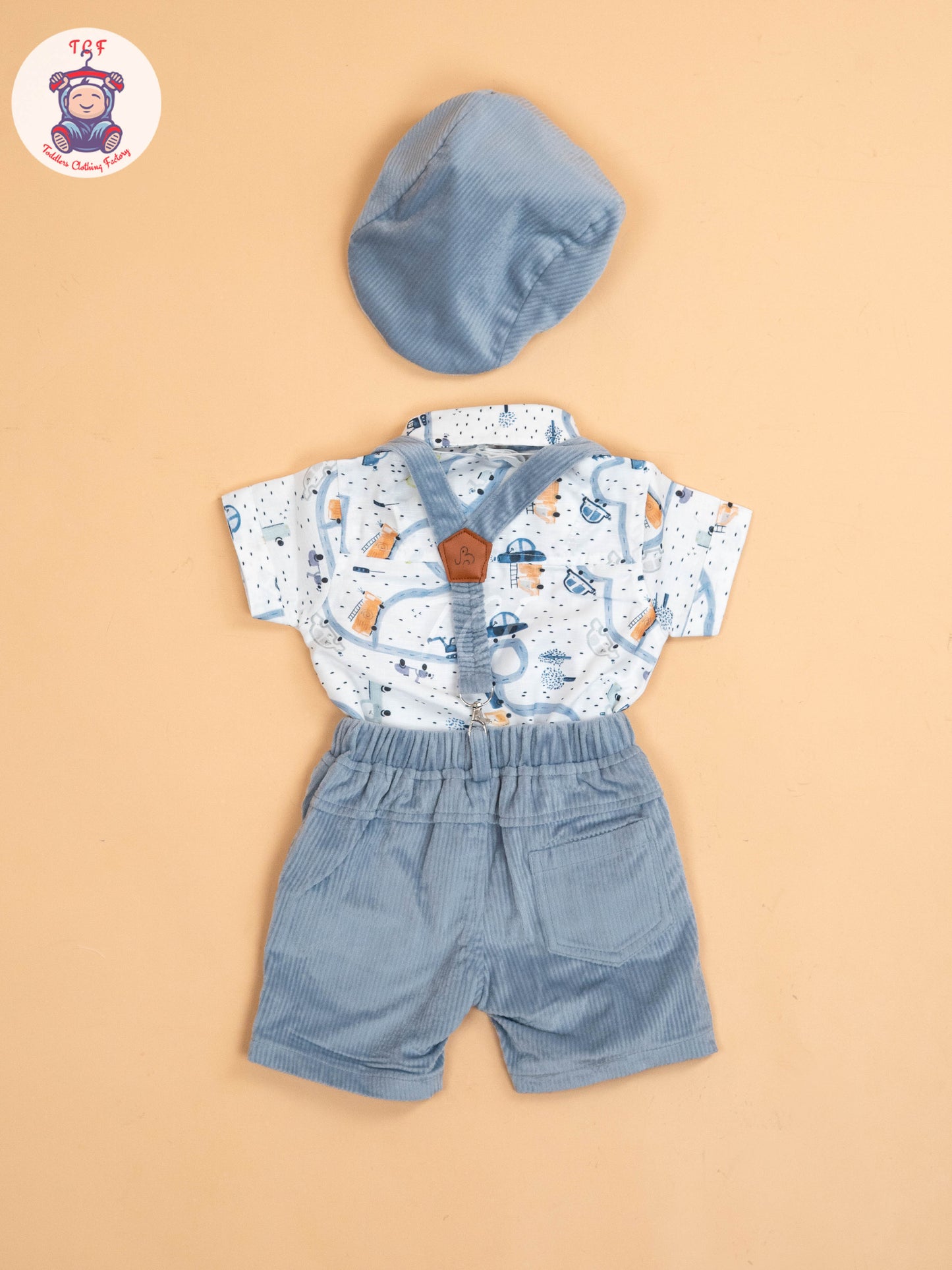 White & Grey - Half Sleeves Shirts & Shorts Set With Suspender & Bow